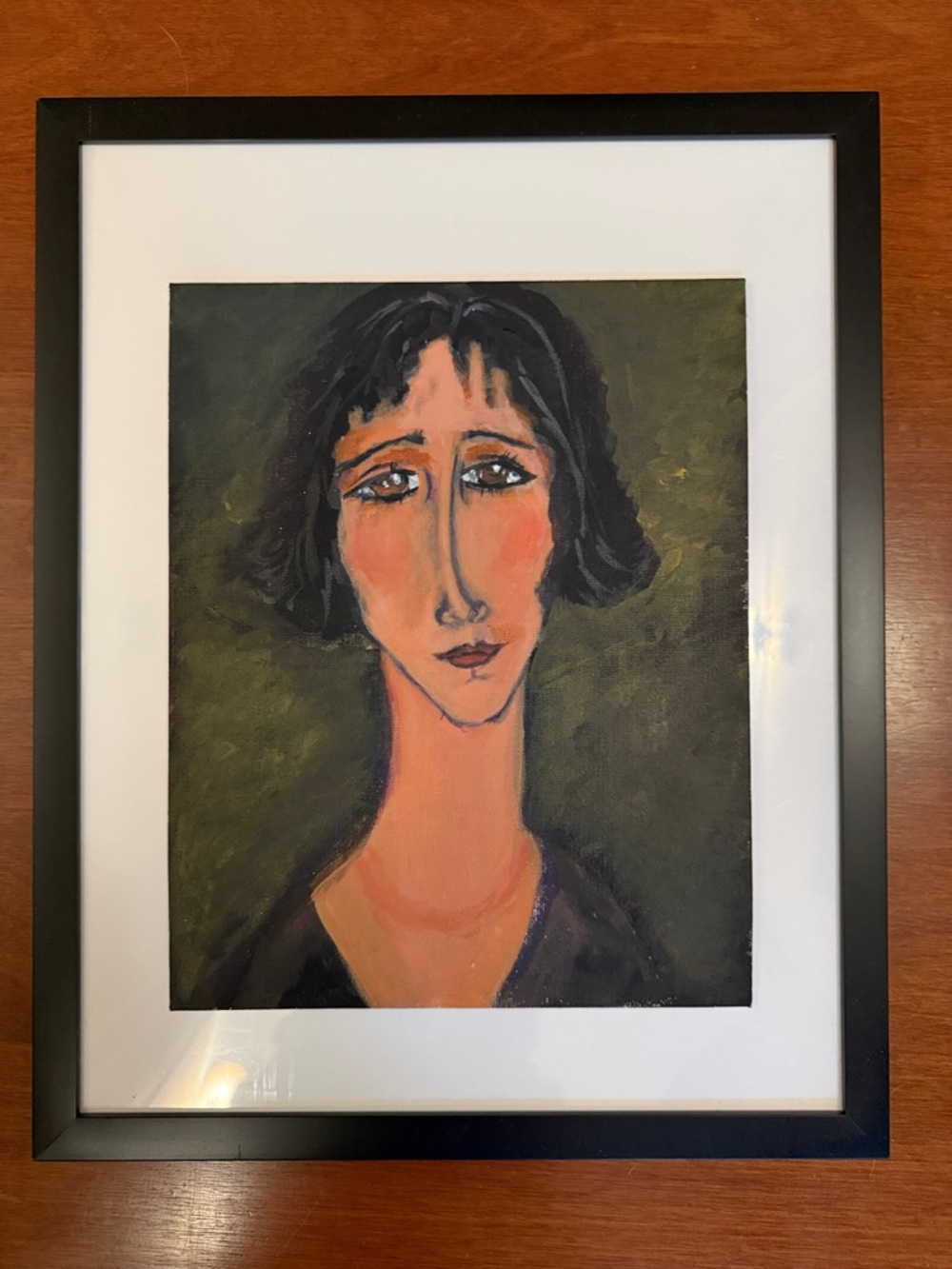 Hand-Painted Portrait in Green and Peach Tones inspired by Amedeo Modigliani. - Picture 5 of 5